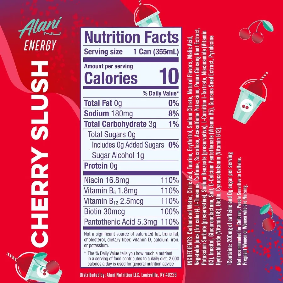CHERRY SLUSH Sugar Free Low Calorie Energy Drinks 200mg Caffeine Biotin B Vitamins Zero Sugar 10 Calories 12 Fl Oz Cans 24 Pack