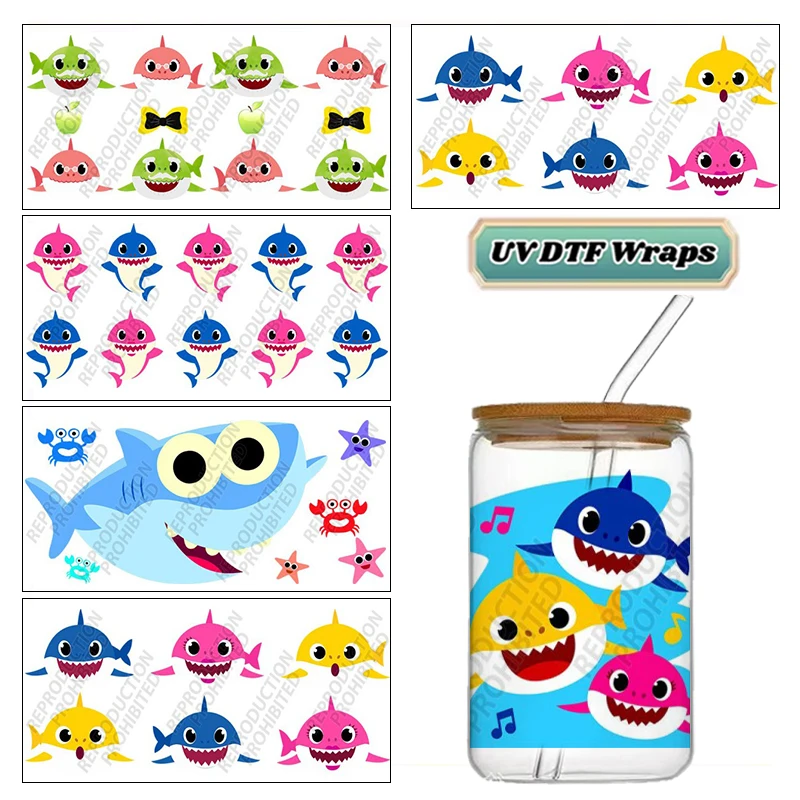 Waterproof Scratch Resistant UV DTF Cup Sticker Cartoon Shark Pattern No Heat Transfer for 16oz Libbey Glass Can Decor