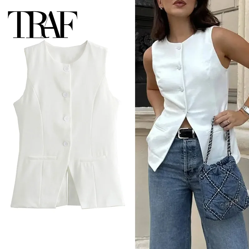 TRAF 2024 Women Vest Button Sleeveless Jacket Women Waistcoat Summer White Vest Woman Fashion Elegant Women\'s Suit Vest Coat