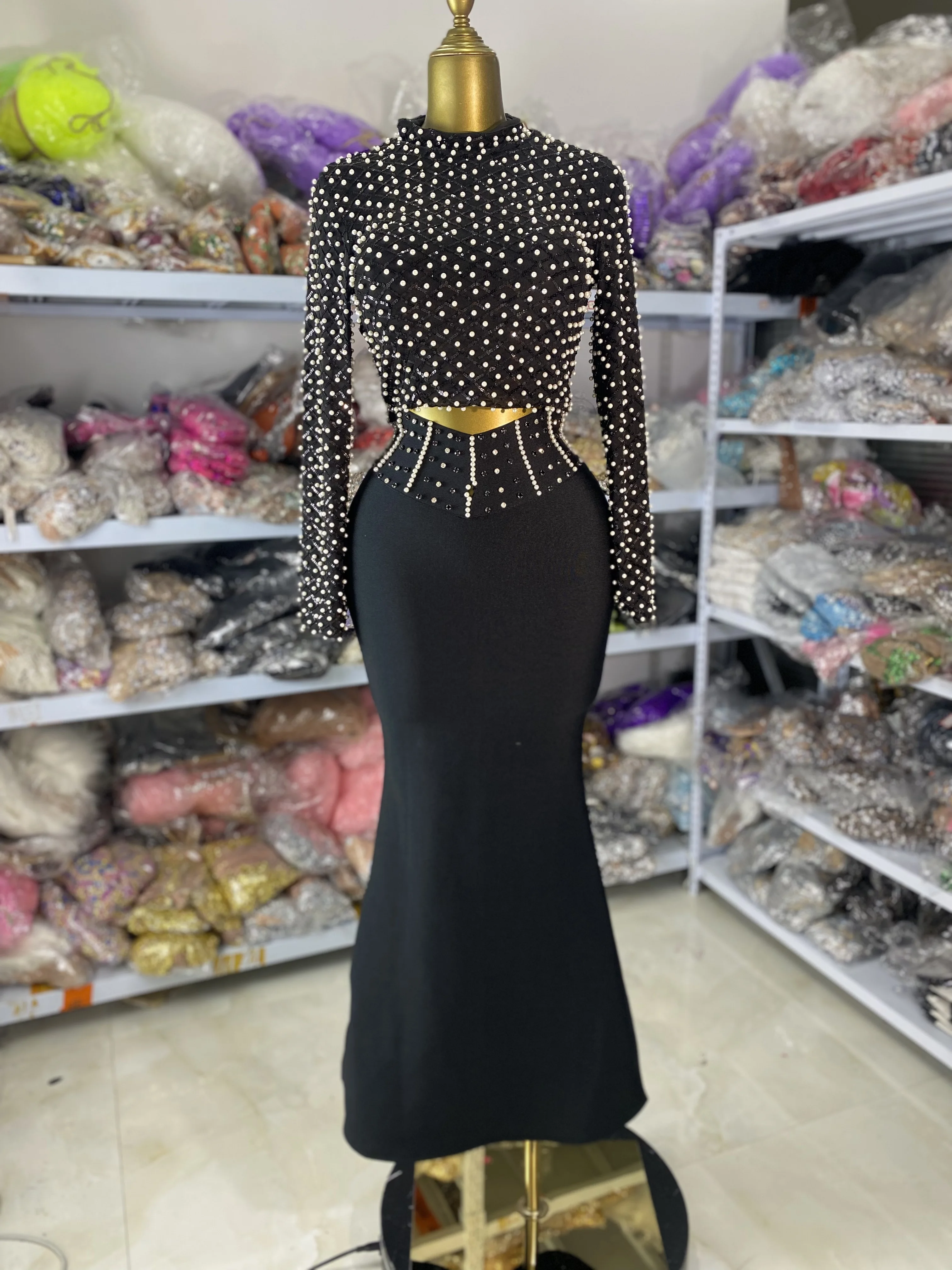 

Women Elegant Long Sleeve Pearls Studded Mesh Crop Top And High Waist Long Bandage Skirt 2 Pieces Sets Evening Party Outfits