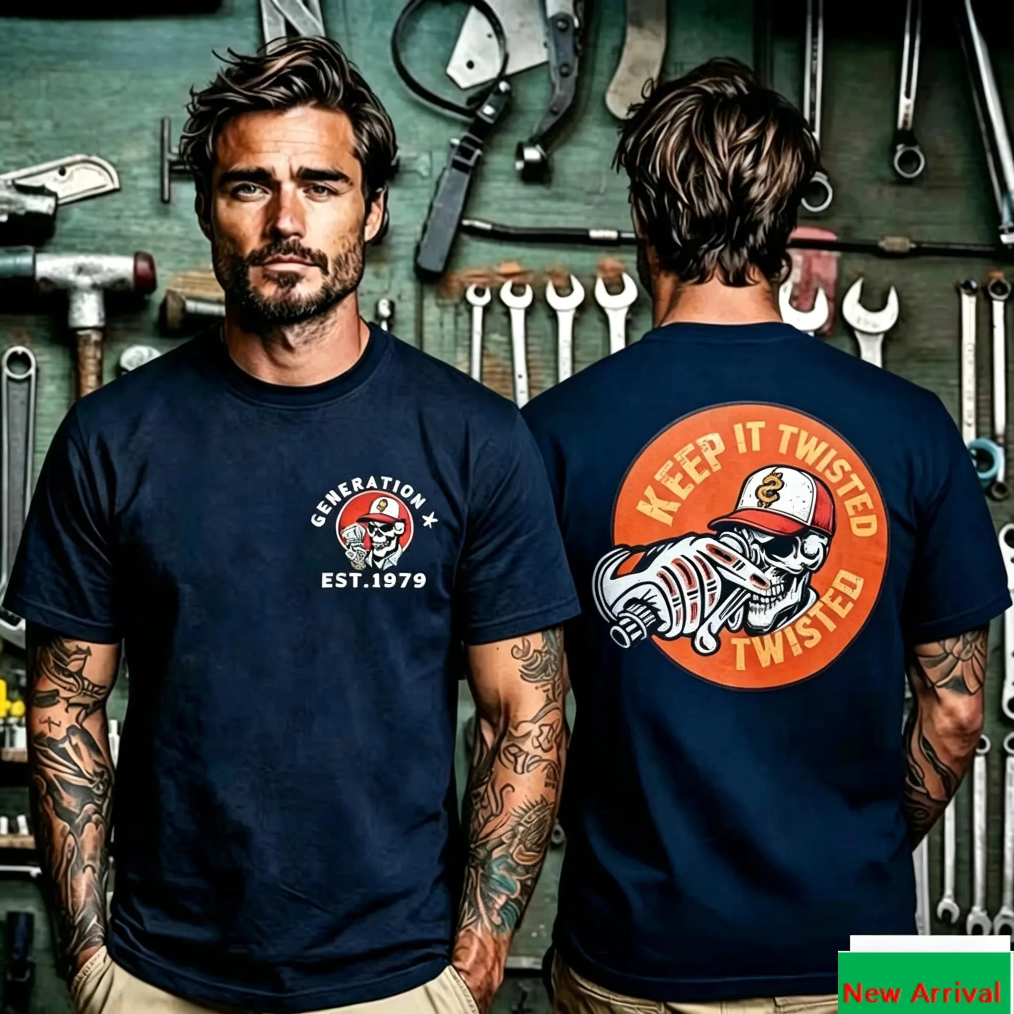 2026 new Biker Mechanic Streetwear Graphic Tee Men Loose Fit Double Sided Skeleton Wrench Art Print Cotton Top