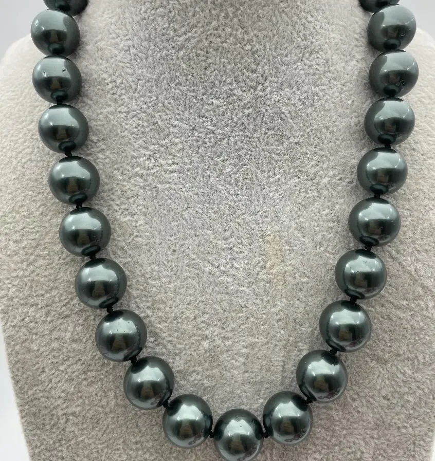 stunning big 14mm round Tahiti black south sea shell pearl necklace AAA style Fine Noble real Natural