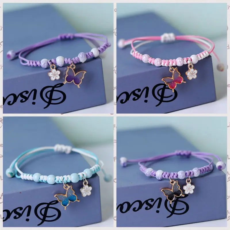 Fashion Handmade Purple Butterfly Flower Bracelet For Women Charm Sweet Animal Pendant Braided Bracelets & Bangle Jewelry Gifts