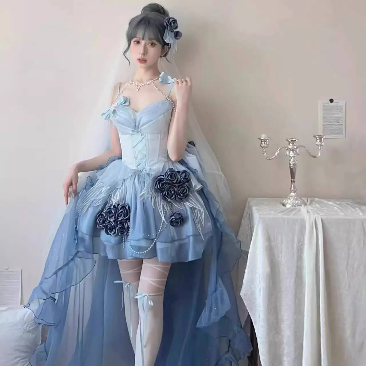 Alice In Wondeland Cute Women Lolita OP Dress Flouncing Lace Trim Japanese Harajuku Long Sleeves Doll Teen Dress Fairy Clothes