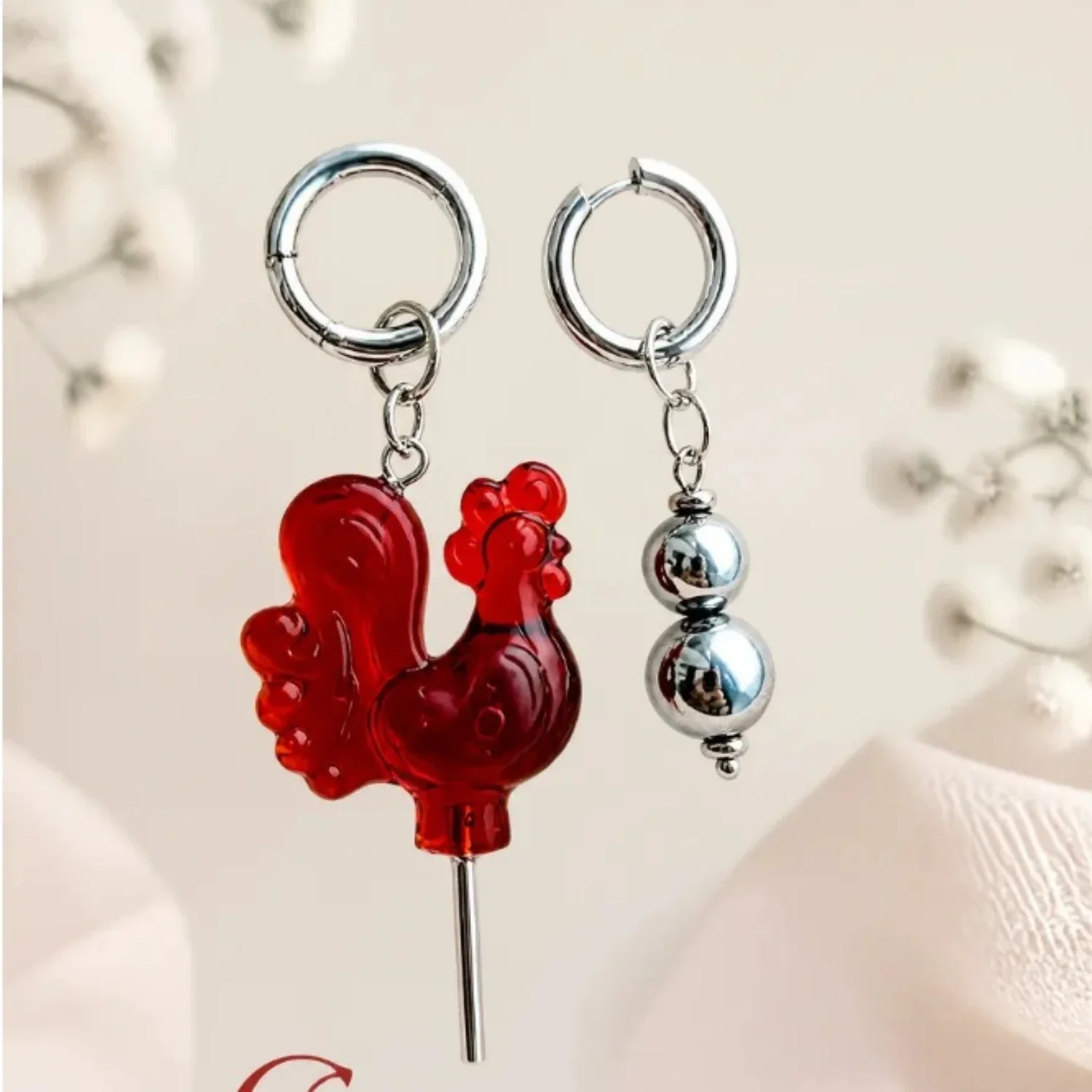 New Vintage Creative Stereo Red Rooster Lollipop Acrylic Asymmetrical Earrings for Women Folk Party Jewelry Daily Wear Gift
