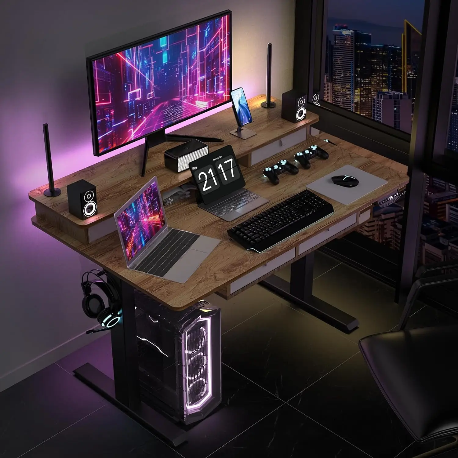 48x30/63x30In Electric Standing Widened Desk Adjustable Height with 4 Drawers, Double Storage Shelves Stand Up Desk, Home Offic