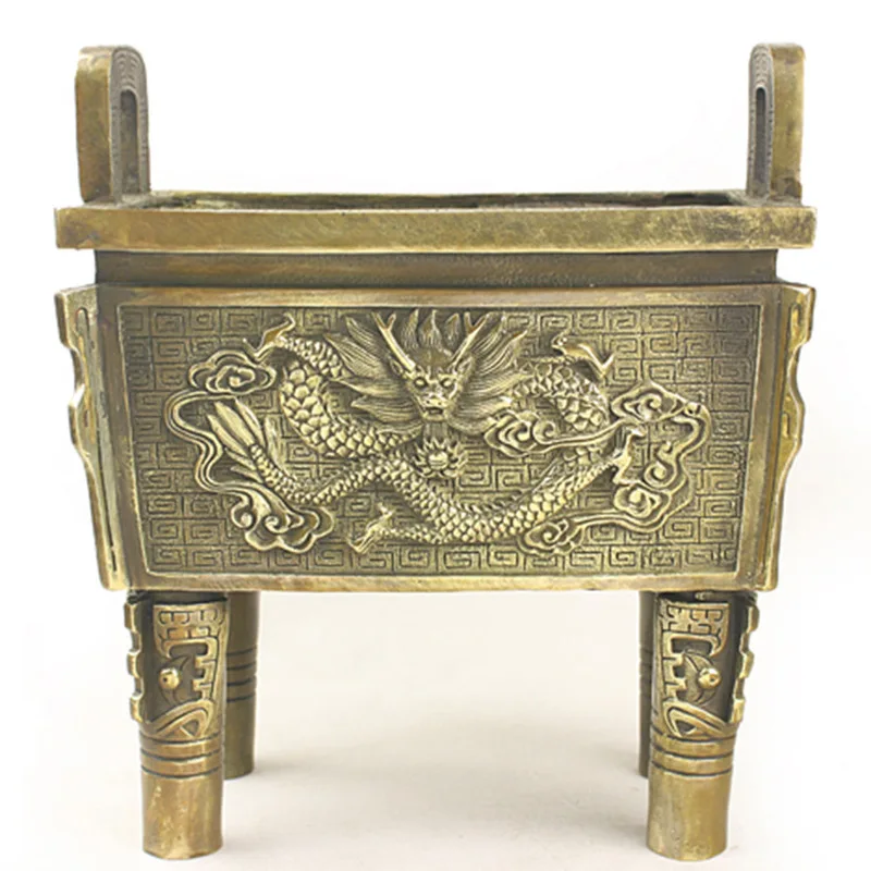Pure square ornament, copper dragon tripod incense burner, office decoration, "One Word, Nine Tripods, Integrity T