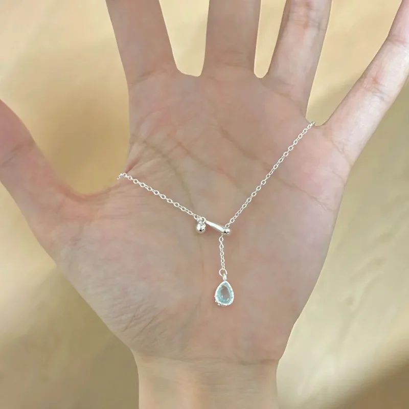 Exquisite Shiny 925 Sterling Silver Pull To Adjust Blue Crystal Water Drop Pendant Necklace for Women Korean Jewelry Accessories
