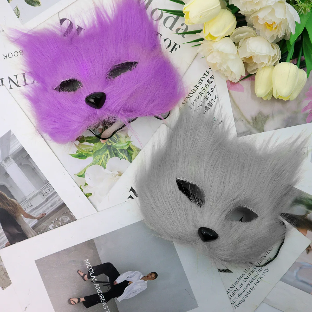 Halloween Cosplay Half Face Fire Cat Mask Simulation Fluffy Fox Costume Party Costume Props Party Fun Cosplay Mask Props