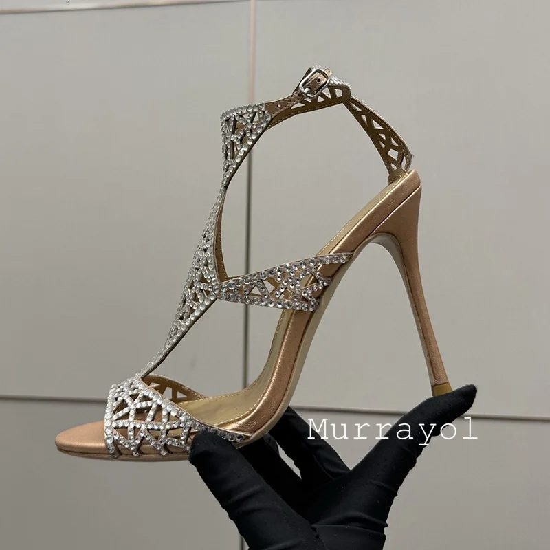 Bling Bling Rhinestone Sandals Women Real Leather Thin High Heels Ankle Strap Sandalias Mujer Summer Party Dress Wedding Shoes view 3