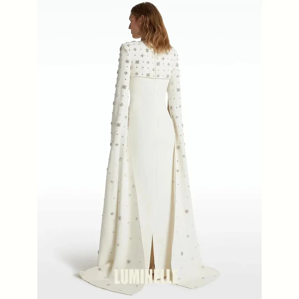 White Straight Prom Dresses Floor-Length O-Neck Evening Gown Fashion Crystal Full Sleeve Exquisite Party Gowns Women's Dress