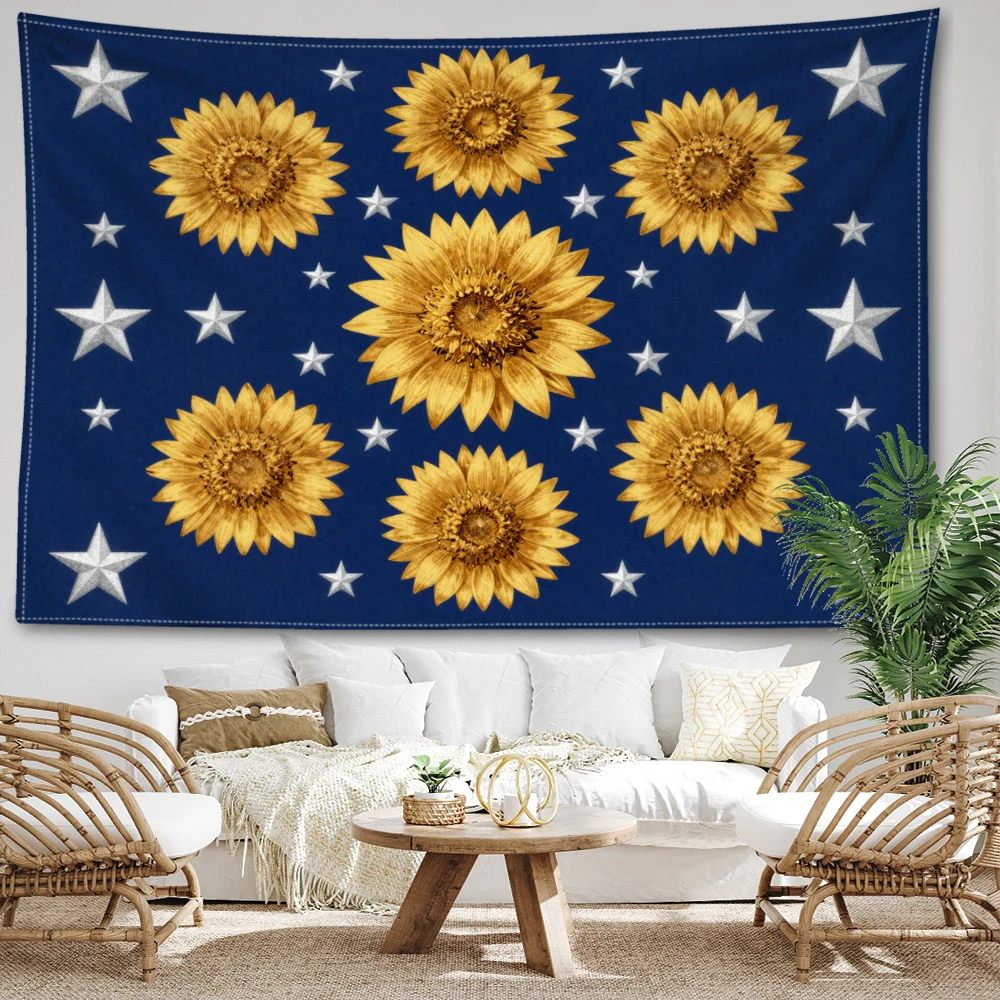 Navy Blue Sunflower Stars Symmetrical Wall Tapestry, Boho Decor