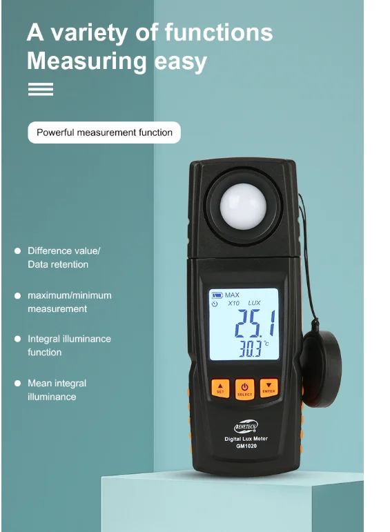 Digital Lux Light Meter USB LCD backlight Display Handheld Photometer Up to 200,000 Lux Meter GM1020