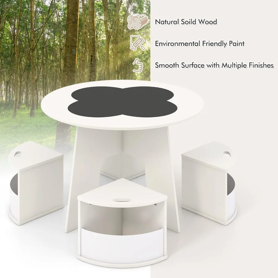 INFANS Toddler Table and Chair Set with 4 Storage Stools Wooden Flower Shaped Nesting Table with Blackboard Drawers MultiActivi