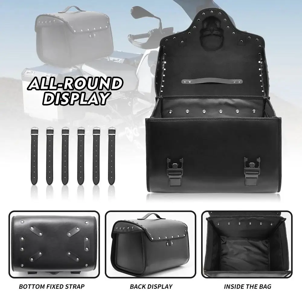 Motorcycle Top Box 3D Skull Embossed Decor Rivet Tail Bag 32L Large Capacity Waterproof Leather Outdoor Camping Travel Storage