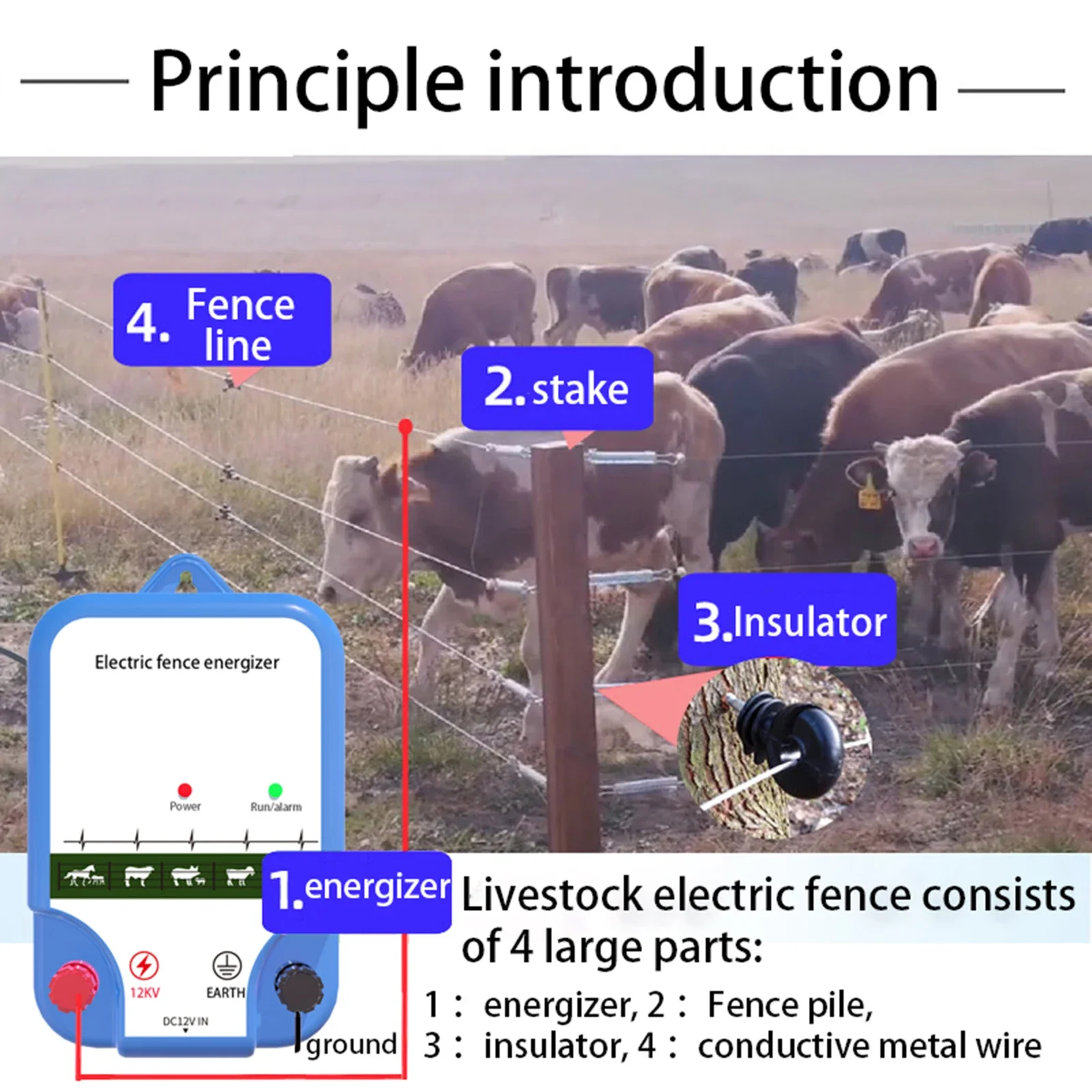 New 8KM Electric Fence Energizer 12V Pulse Animals Energizer for Containing Livestock Charger Voltage Display High-decibel Alarm