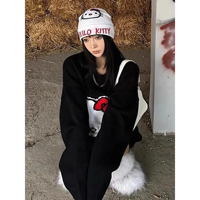 

Свитер Sanrio Girl Hello Kitty Kawaii, модный студенческий повседневный свитер с круглым вырезом, осенне-зимний трикотаж, пуловеры, топы, новый стиль
