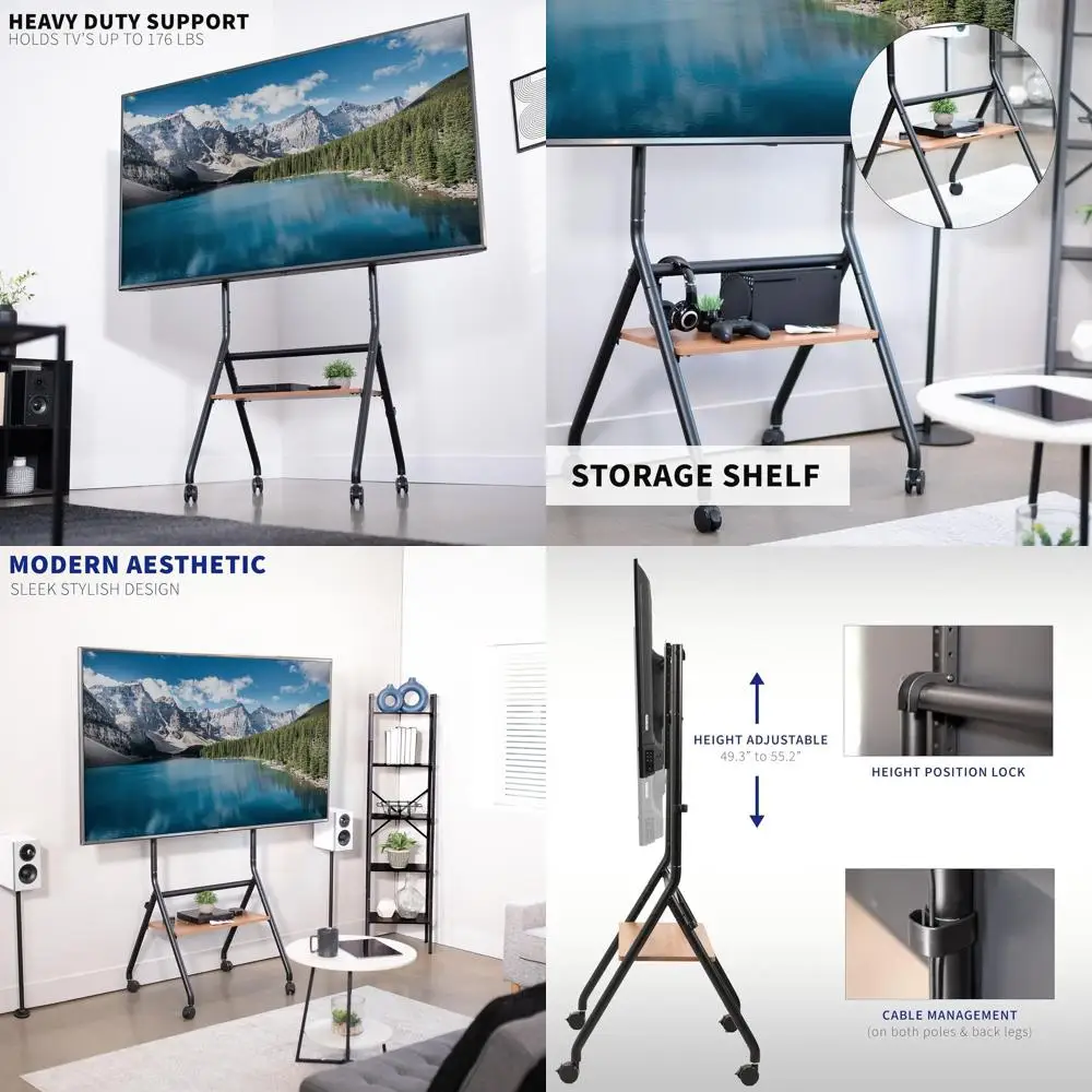 

Регулируемая по высоте напольная подставка для телевизора, 37-86 дюймов, максимальный VESA 600x400 мм, деревянная полка, черный цвет