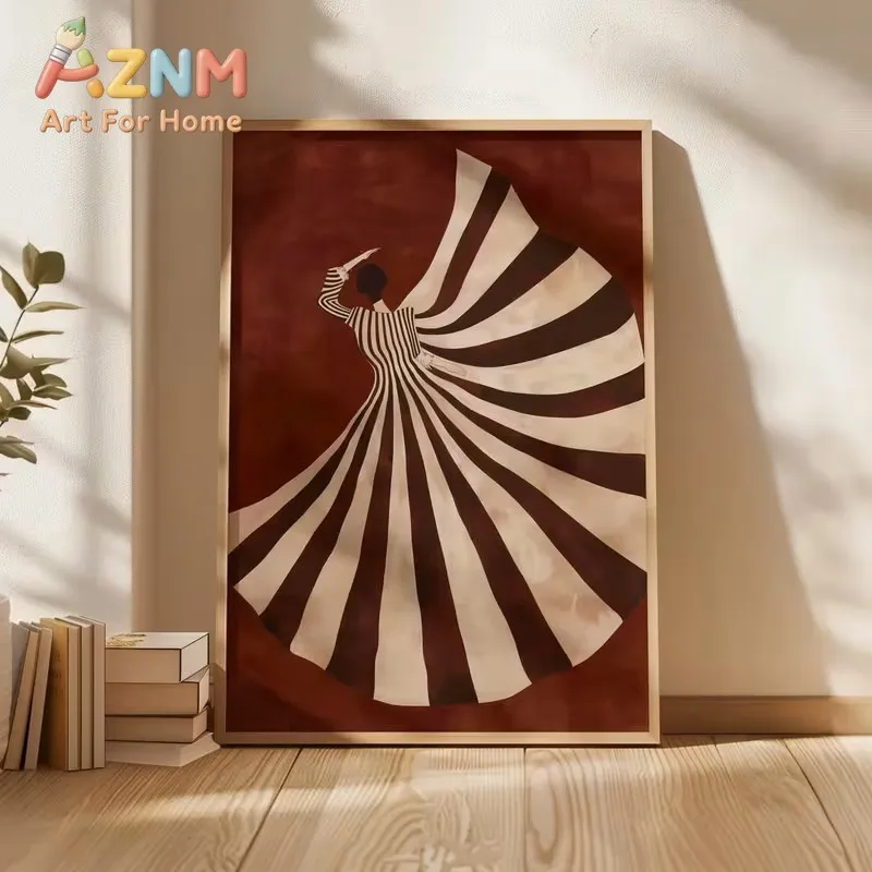 Retro Poster, Abstract Female, Bold Red Art Print, Simple Striped Dress, Canvas Painting, Living Room Home Decoration