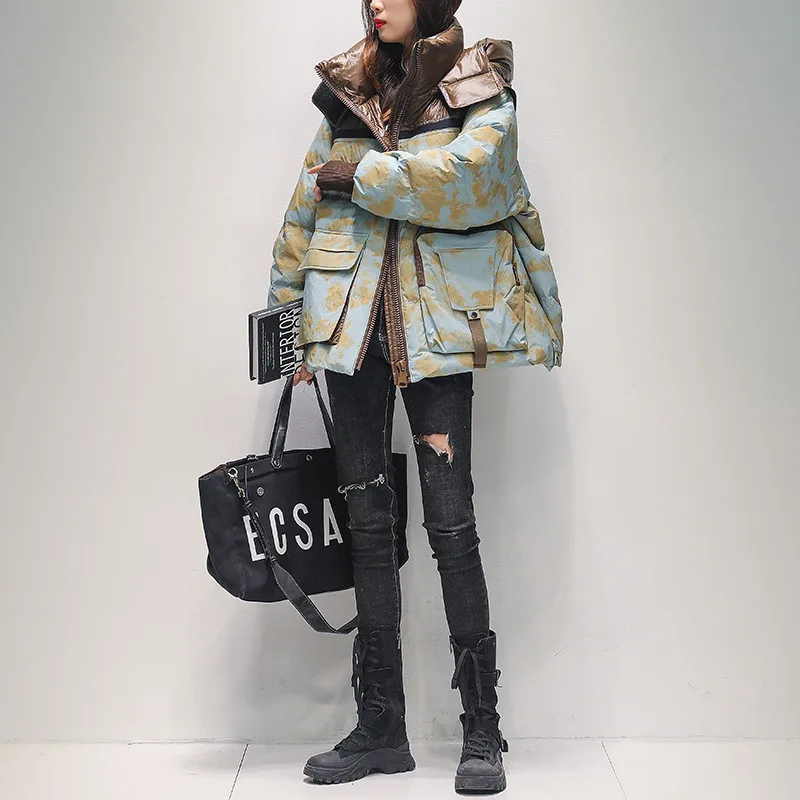 Fashion Winter Women Down Coat Hooded Thickened Loose Korean Women Warm Short Coat Camo White Duck Down Snow Wear Overcoat