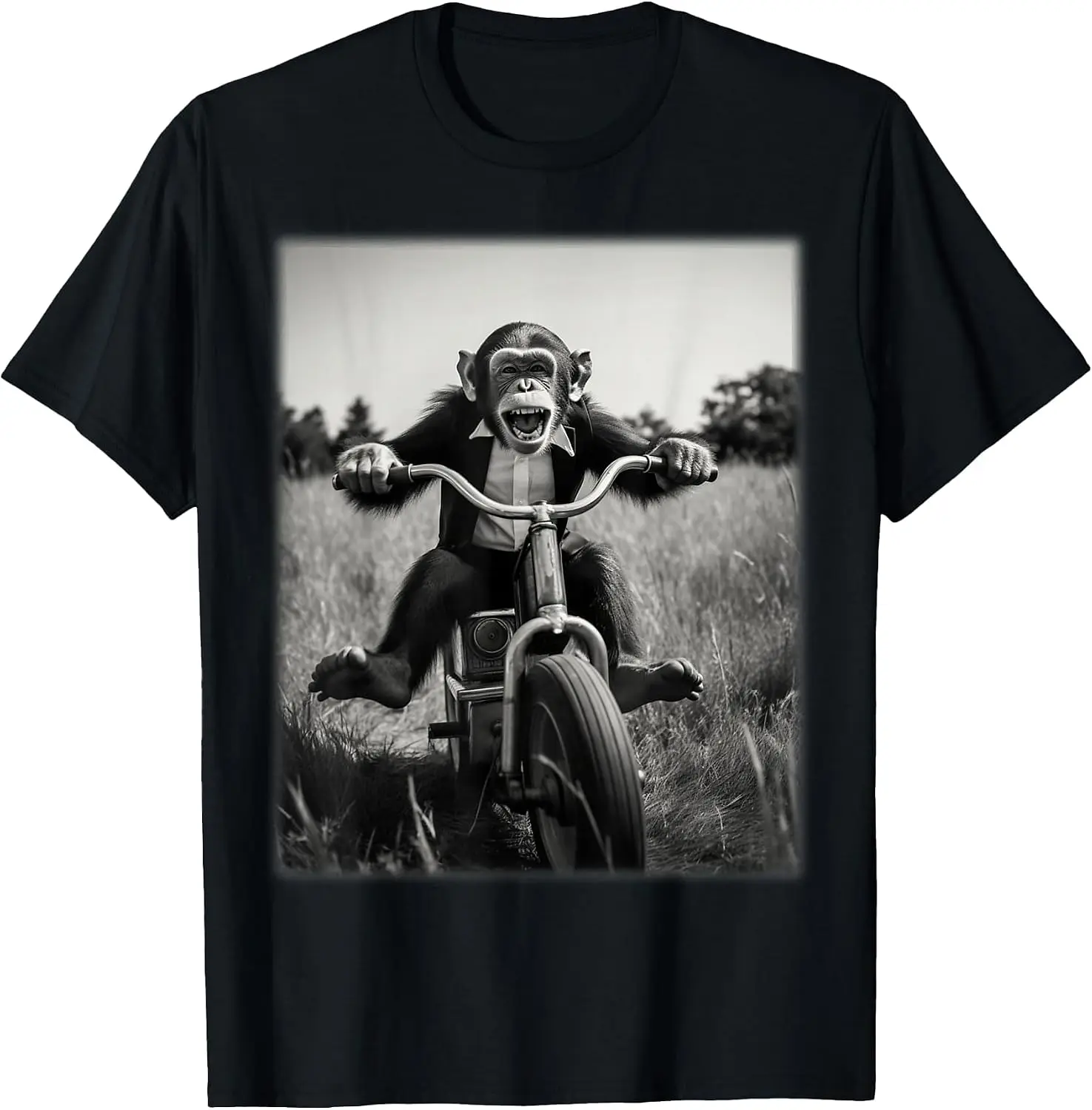 Funny Cute Monkey Chimp Riding Vintage Bicycle Men Woman T-Shirt Premium heavyweight pure cotton—stylish, versatile, and unisex; a perfect Christmas gift suitable for year-round wear.