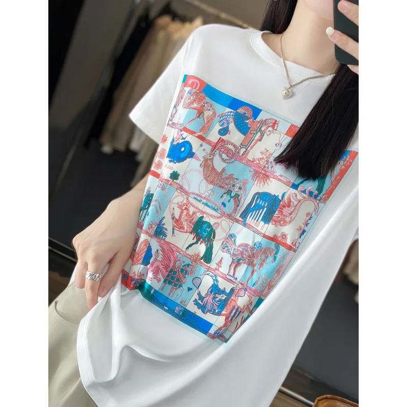 Women\'s Clothing Printing Spliced Temperament T-shirt Summer Korean All-match Round Neck Short Sleeve Casual Comfortable Tops