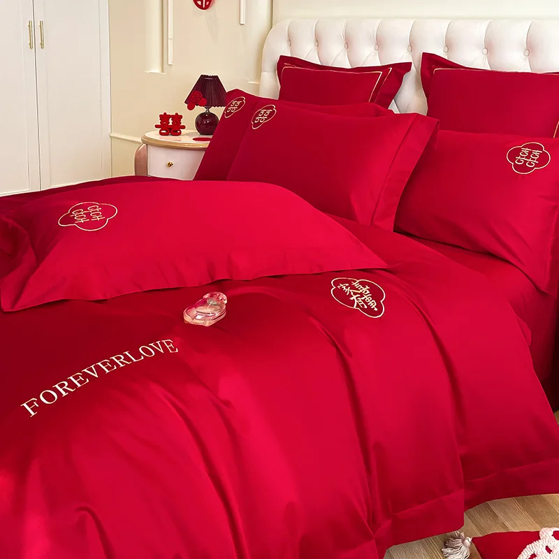 New Chinese style high-end wedding big red cotton four piece set double happiness duvet set bed sheet new house happy duvet thre