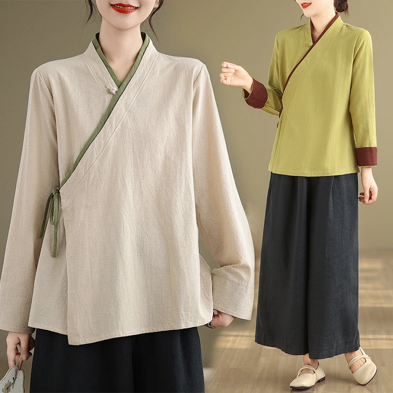

plus Size Women's Shirt Spring Autumn New Style Tang Costume Hanfu Outerwear National Style Slimming Top V-neck Long Sleeve