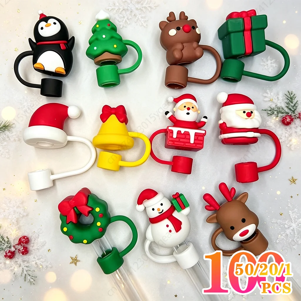 1-100Pcs Christmas Straw Dust Caps 10mm Glass Straw Stoppers Covers for Water Bottles Holiday Party Drink Accessories
