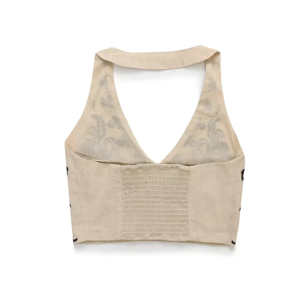 JNLEAOG Summer New Women's Fashion Embroidered Collar Short Top Stylish Versatile Neck Hanging Design Polyester Fabric Set