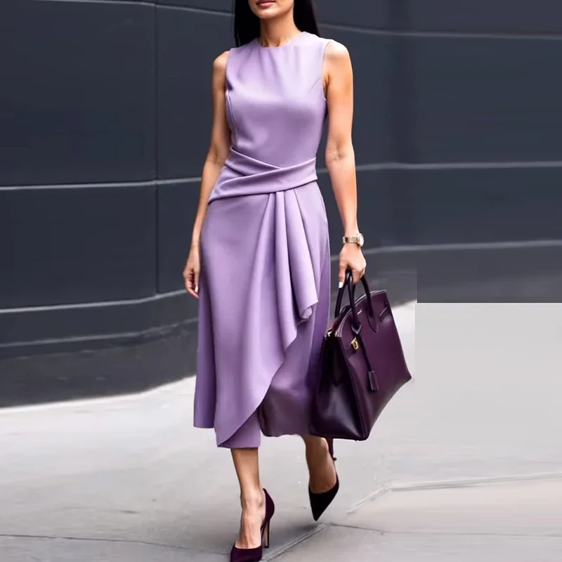 エレガントなノースリーブミディドレス女性の夏のファッション女性オフィスドレス O ネック非対称固体パーティードレス 2025