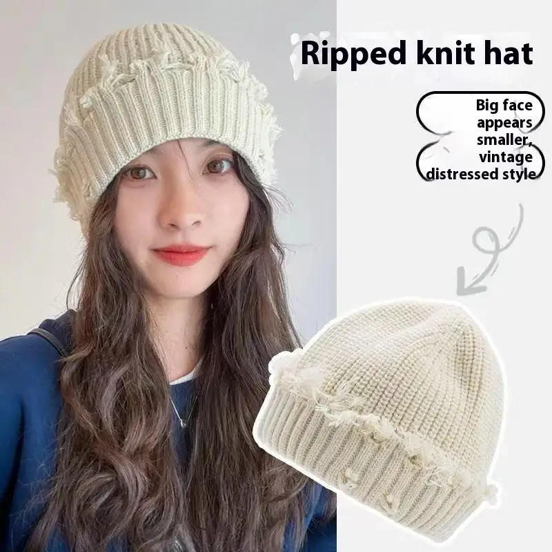 

Новая зимняя эластичная теплая шапка в стиле хип-хоп, трендовая вязаная шапка с рваными полями для женщин и мужчин, шапки