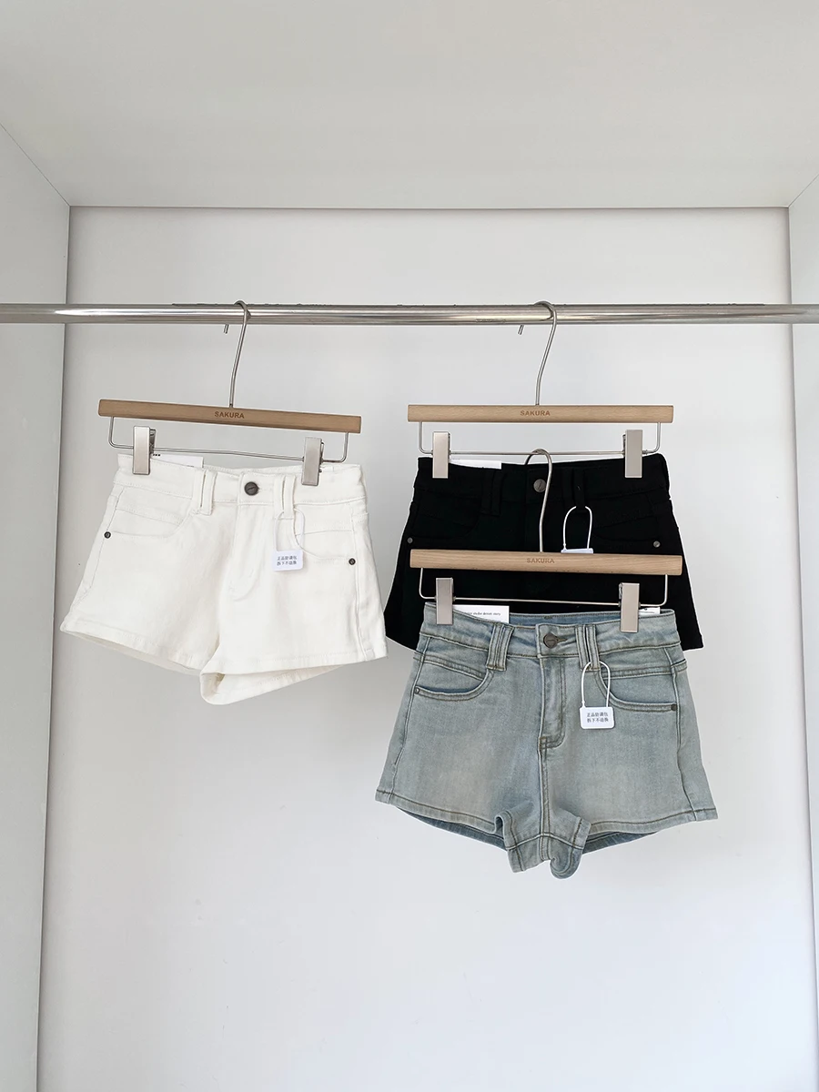 

American Style High Waist Slimming Denim Shorts Women's Summer Fashion Versatile Simple Hot Pants High Elasticity Pure Color