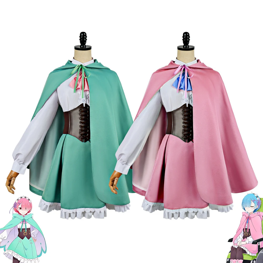 Anime Re:Zero Rem Ram Cosplay Costume Women Cute Maid Outfit Pink Green Hooded Cloak Dress for Halloween Carnival Full Set