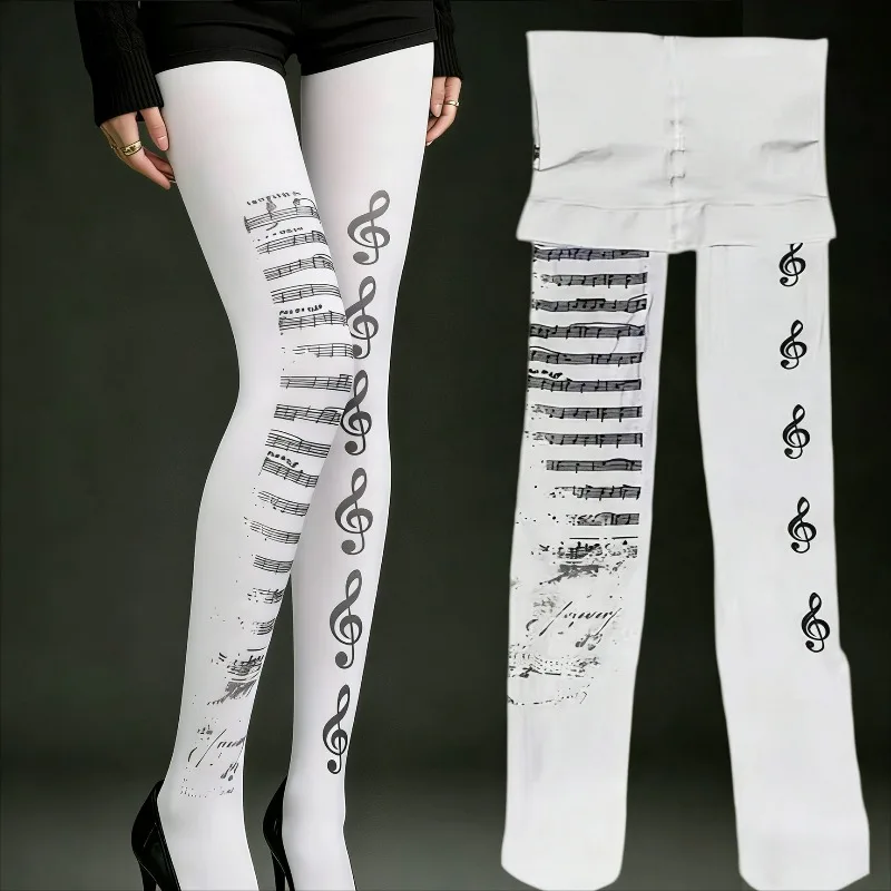 

Y2K колготки с музыкальной нотой, женские субкультуры, чулки с рисунком фортепиано, колготки с музыкальным рисунком для девочек, белые супер эластичные леггинсы