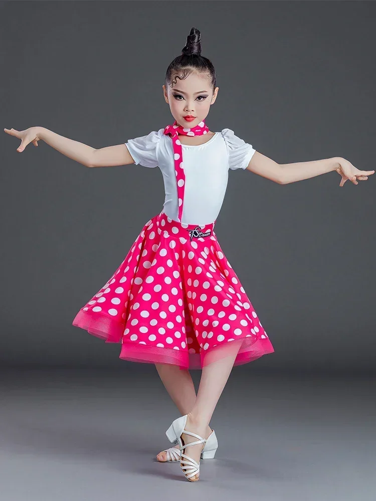 

2306Rumba Latin Dance Dress for Girls and Children New Salsa Professional Polka Dot Dance Dress Separate Body Training Dress