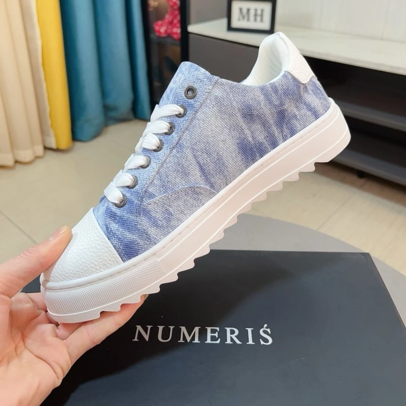 Trendy Chunky-soled Casual Sneakers Unisex Low-top Lace-up Canvas Sneakers Denim Color-blocked Height-enhancing Street Style