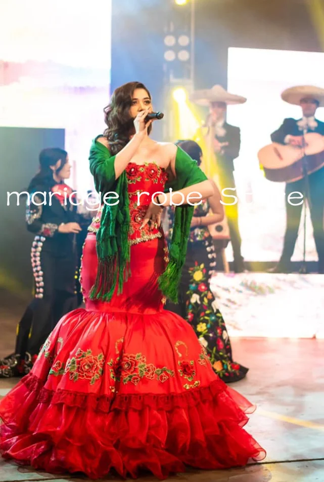 Rode Lange Zeemeermin Charro Mexicao Prom Formele Jurken met Groene Wrap 3D Bloemen Borduren Corset Avond Gala Jurk Aangepast