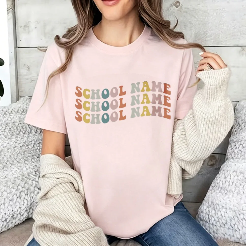 Custom School Name Printed T-shirt Personalized Custom Text Bubble Letter Design Soft Cotton Tee Outfit Custom for School Group