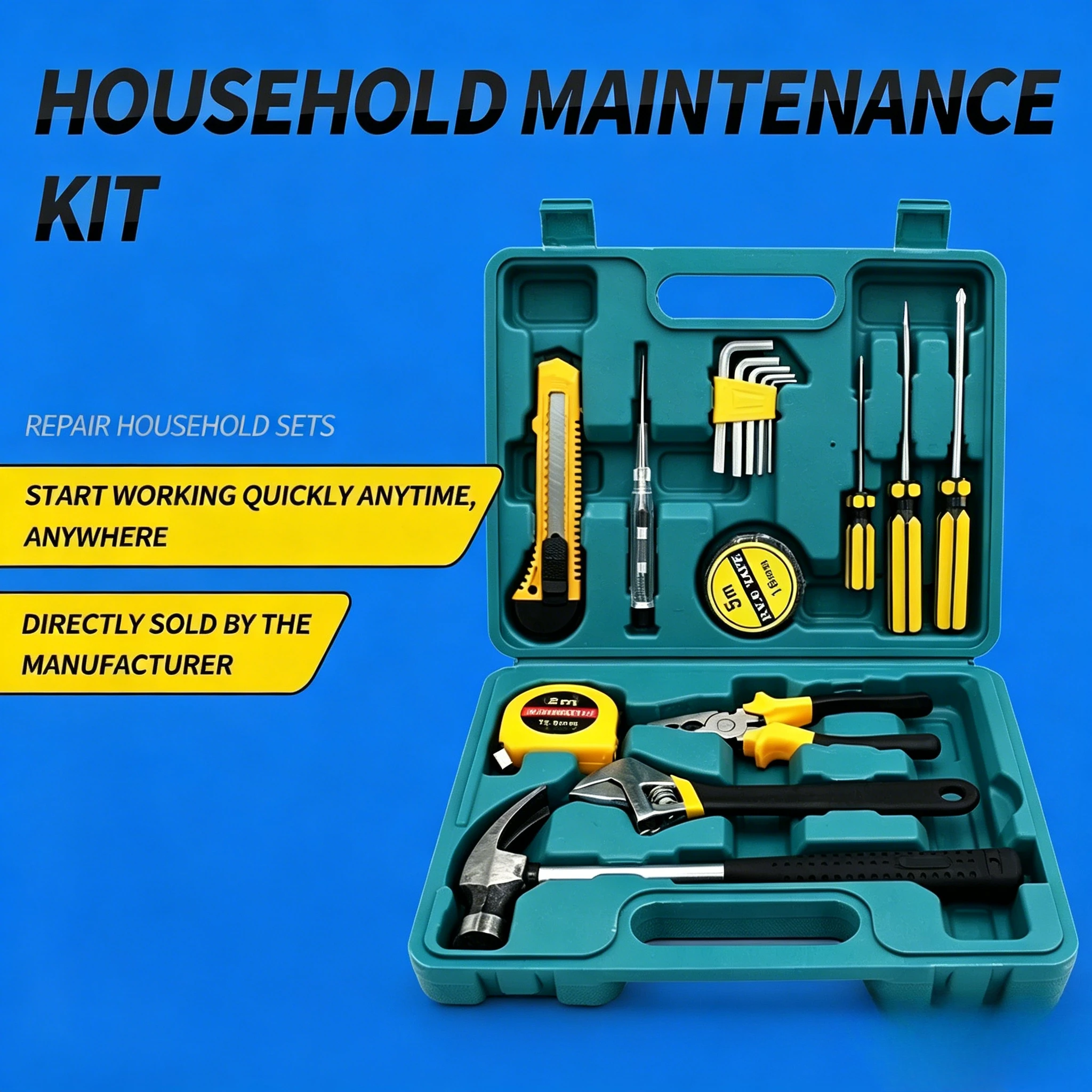 Juego de Herramientas Multifuncional de 16 Piezas, Martillo de Acero con Alto Contenido de Carbono, Kit de Herramientas Manuales para Reparaciones del Hogar y Automóviles