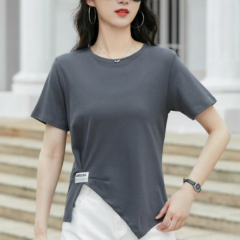 

TuangBiang Summer Slim Irregular Fashion 2023 Cotton Women T-Shirt Split Hem Casual O-Neck Short Sleeves Soft Tshirt Female Tops