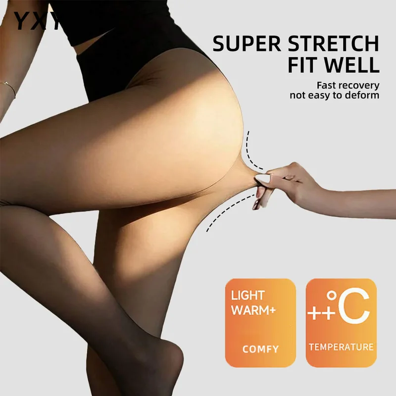 Women Autumn Winter High Waist Fake Translucent Black Tights One Line Crotch Thick Fleece Lined Thermal Leggings Pantyhose