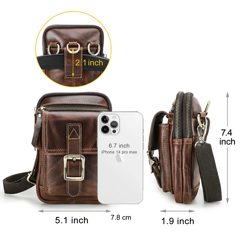 Bolsa Crossbody de couro de vaca para homens, bolsa de ombro vintage, sacos de telefone multifuncionais masculinos, qualidade 100% vegetal