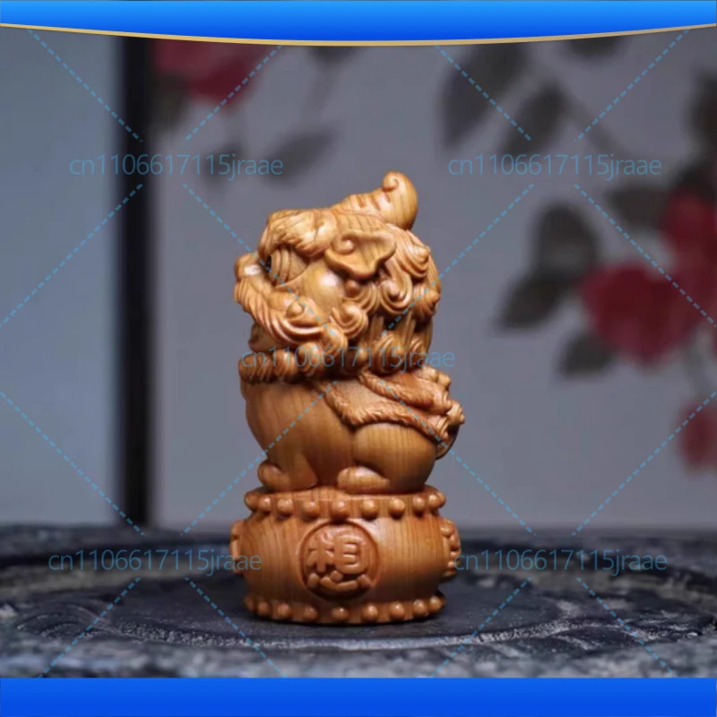 Natural Cypress Auspicious Lion Animal Figurine Hand-Carved Home Room Office Car Decoration  Chinese Characteristics Figurines