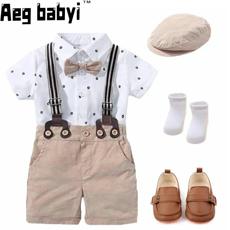 

Baby Boys Clothes Set Baby Romper + Socks + Shoes+ Hat + Bow Tie 5Pcs Set Infant Gentleman Dress Suit Toddler Kid Clothing