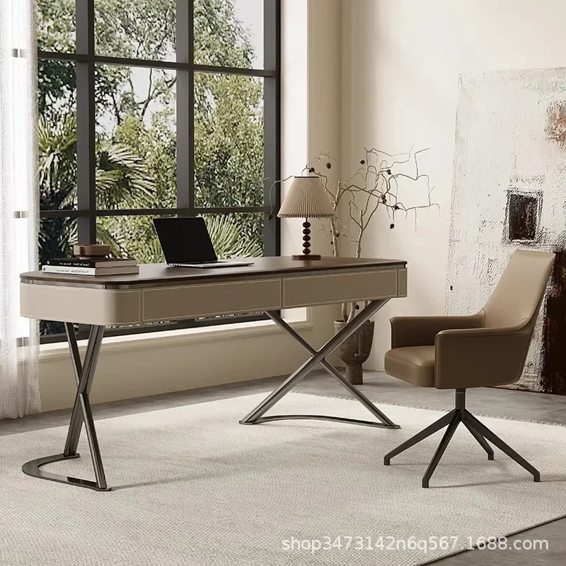 Solid Wood Desk Modern Minimalist Home Living Room Study High-End Light Luxury Walnut Saddle Leather Computer Desk