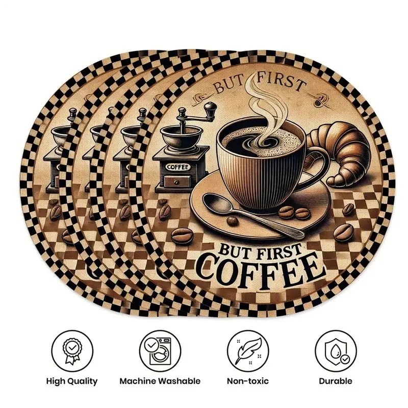 VIKAMA Vintage American Coffee Croissant Checkerboard Patterned Placemat, Insulated Table Mat, Coffee Shop Dining Table Decor