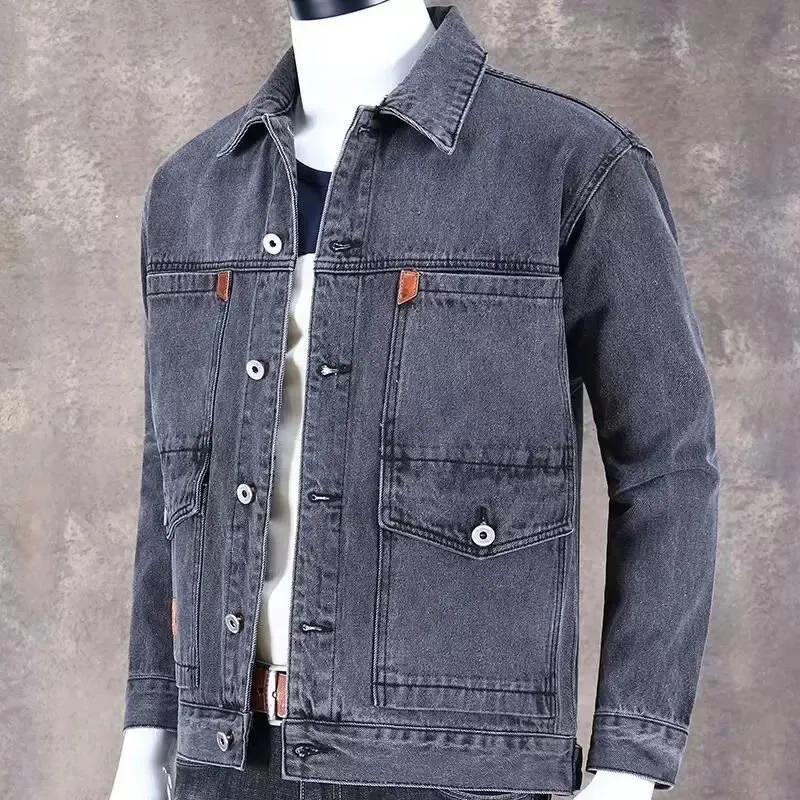 Wear-Resistant Casual Loose Long Sleeve Denim Jacket for Men Spring Autumn Turn-down Collar Multi-Pocket Workwear