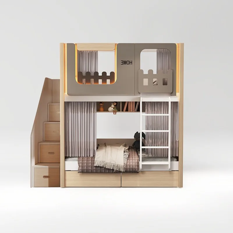 Solid Wood High Low Bunk Bed Simple Twin Frame with Slide Two-Tier Teen Game Room Loft Apartment Space Saving Furniture Set