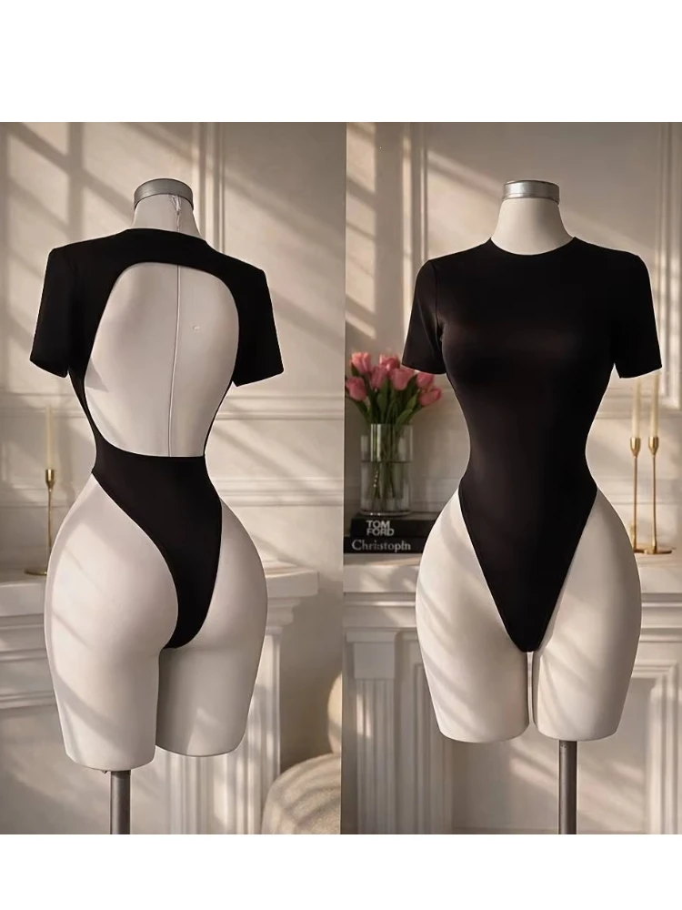 Women Short Sleeve Crew Neck Bodysuit Fashionable Solid Black Back Cutout High Cut Slim Fit Basic Jumpsuit Daily Streetwear Top